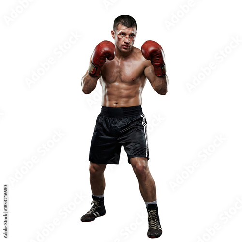 Boxer in Fighting Stance with Red Gloves Transparent Background PNG
