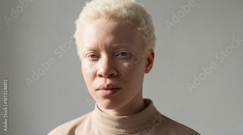 Portrait of serious african woman with albinism looking at camera on gray background