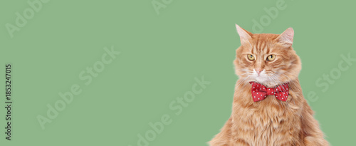 Serious ginger cat wearing a red bow tie, looking thoughtful, isolated on a soft sage green background. Smart, professional pet portrait for advertising, business, or educational projects.