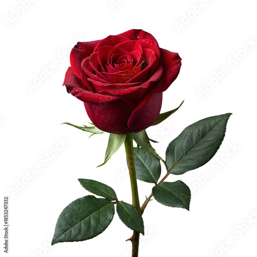 Red Rose with Stem and Leaves Transparent Background PNG