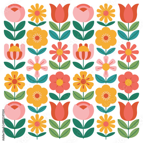 A vibrant and colorful collection of stylized folk flowers and botanical elements arranged in a square pattern