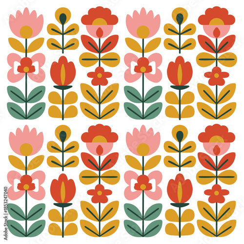 A vibrant and colorful collection of stylized folk flowers and botanical elements arranged in a square pattern
