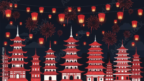 Ancient Temple Complex Celebrated with Lanterns and Fireworks at Night