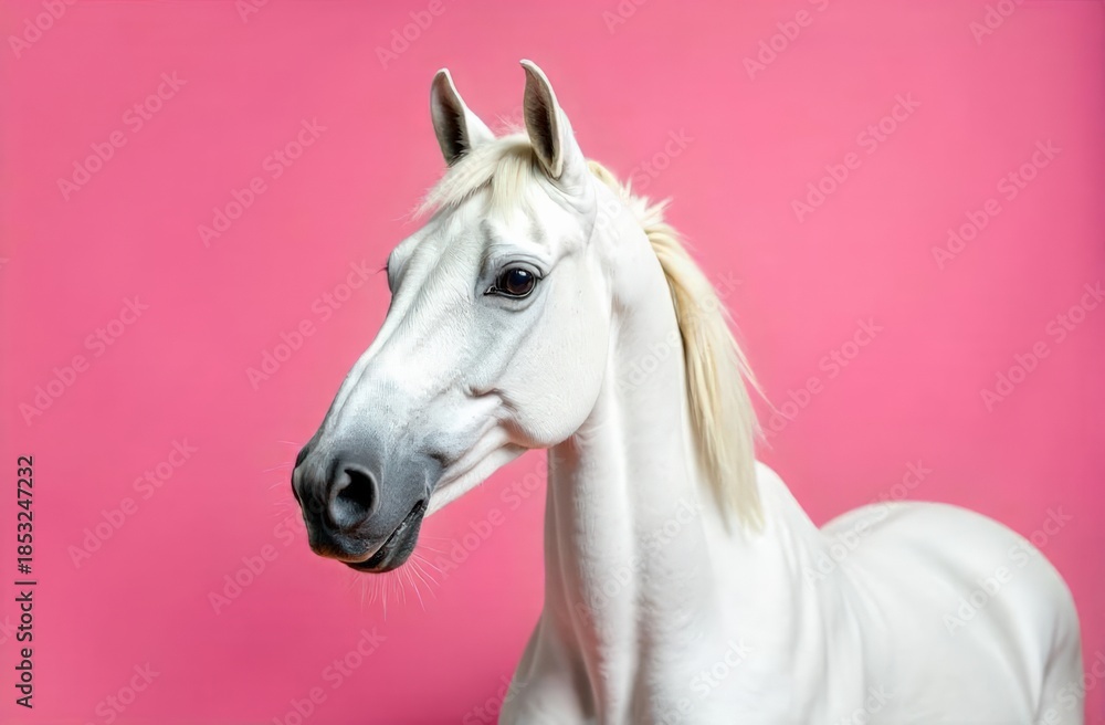 Fototapeta premium Majestic white horse with flowing mane stands gracefully against a vibrant pink backdrop, showcasing its beauty and elegance in a striking portrait composition