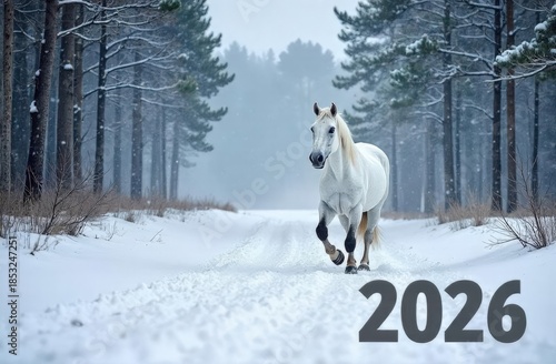 Majestic white horse galloping through a snowy forest landscape, surrounded by tall pine trees, creating a serene winter scene with soft snowflakes falling gently