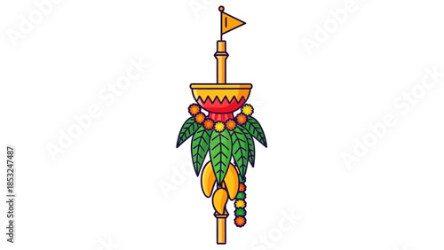Vibrant illustration of a festive pole adorned with colorful leaves and ornaments, standing tall with a flag on top, symbolizing gudi celebration.