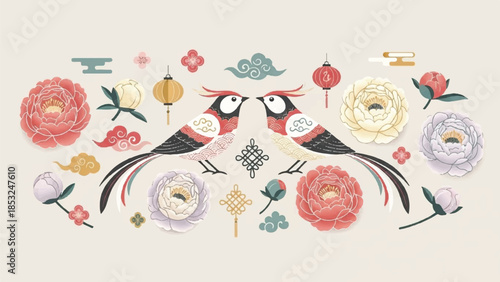 Two birds surrounded by floral elements and ornaments in a decorative illustration
