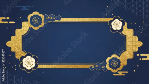 An ornate gold frame with floral motifs on a dark blue background illustration