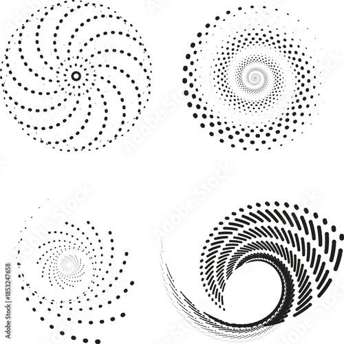 Abstract Halftone Spiral Circles – Black Dotted Swirl Patterns on White Background