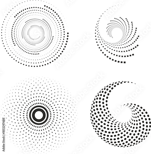 Black Halftone Spiral Circles – Abstract Dotted Radial Swirl Designs on White