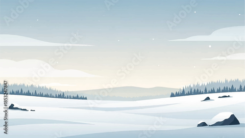A serene winter landscape with snow-covered mountains and trees in the distance