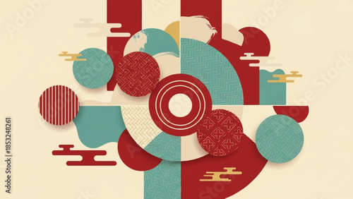 Vibrant abstract composition with geometric shapes and circular forms in red, teal, and cream hues