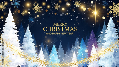 Vector illustration of a red Christmas greeting card set featuring a decorated Xmas tree with a star, snowflakes, and festive ornaments for a Happy New Year holiday celebration