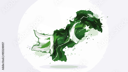 Artistic Pakistan Map with Brush Stroke Effect, Modern Vector with Crescent and Star, Pakistan map vector, brush stroke map Pakistan, artistic Pakistan illustration, green and white map, pak png map, 