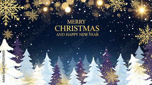 Vector illustration of a red Christmas greeting card set featuring a decorated Xmas tree with a star, snowflakes, and festive ornaments for a Happy New Year holiday celebration