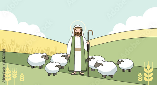 Minimalist Good Shepherd with sheep in a pastoral wheat field