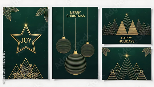 Vector illustration of a red Christmas greeting card set featuring a decorated Xmas tree with a star, snowflakes, and festive ornaments for a Happy New Year holiday celebration
