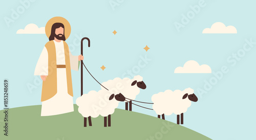 Jesus Christ the Good Shepherd with Sheep Vector Illustration