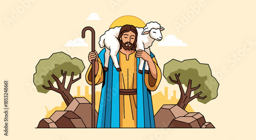 The Good Shepherd Jesus Christ carrying a lamb vector illustration.