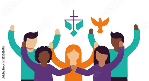 Diverse Group Celebrating Faith with Christian Symbols Vector