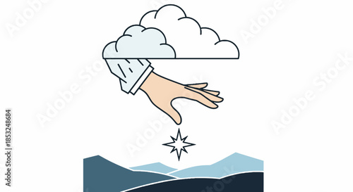 Hand reaching from rain cloud dropping a star onto a mountain landscape