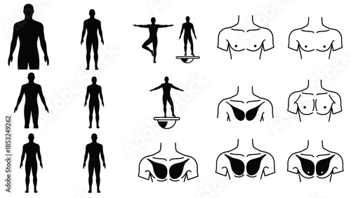 Human silhouette outlines depicting poses and anatomy for conceptual use