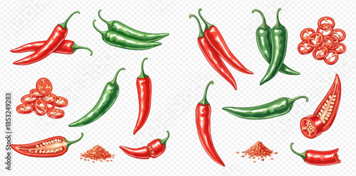 Set of hand-drawn red and green chili peppers, whole, sliced, and ground spice, vector illustration.
