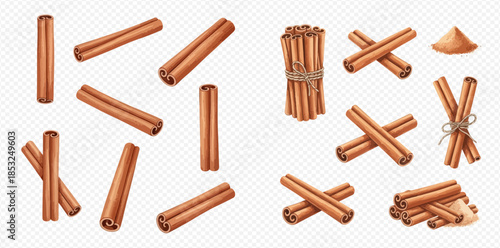 Cinnamon sticks and ground powder spice set, aromatic cooking ingredient for food and drinks.