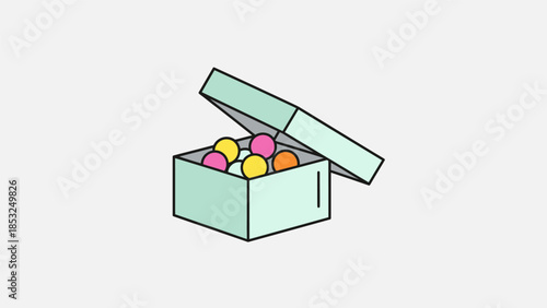 A light green box with its lid open revealing colorful candies inside, viewed from above on a white background, similar to gudi (39) scenes.