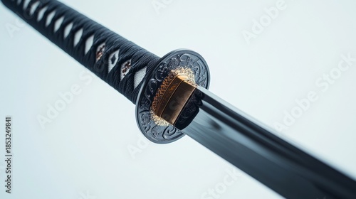 The blade and sheath of a traditional Japanese sword, featuring intricate patterns and gold accents on the hilt.