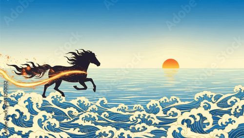 Majestic Silhouette of a Fiery Horse Galloping Across the Waves at Sunset