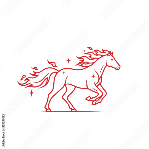 A dynamic illustration of a horse in motion with flowing mane and tail surrounded by sparkles