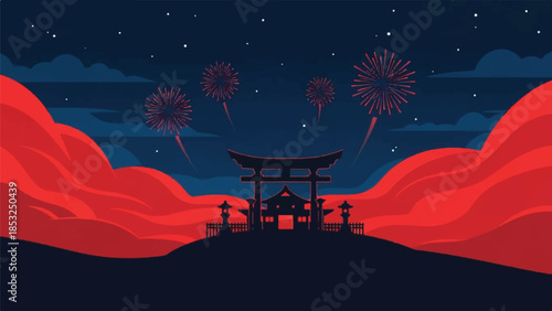 Vibrant Night Celebration at a Traditional Japanese Shrine with Illuminating Fireworks Display