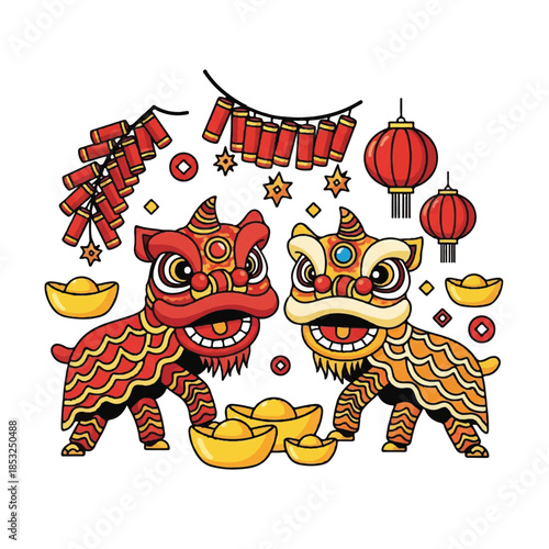 Vibrant Lunar New Year celebration illustration featuring energetic lion dancers, traditional red lanterns, festive firecrackers, and golden ingots for prosperity and good fortune