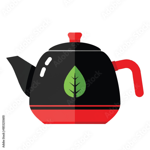 Elegant black and red teapot icon, adorned with a green leaf, symbolizing natural health and the comforting ritual of brewing fresh aromatic tea