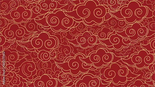 Vibrant red and gold auspicious cloud pattern, a seamless traditional Chinese design ideal for cultural celebrations, festive backgrounds, and decorative art projects