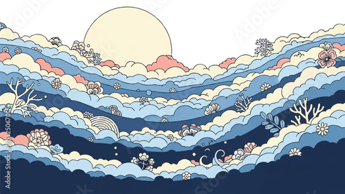 Ethereal nature landscape with flowing wave-like clouds, organic floral patterns, and a serene sun, rendered in a delicate, illustrative style