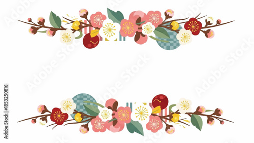 Decorative floral border with cherry blossoms and geometric patterns