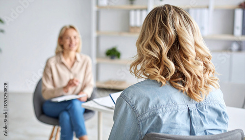 Therapist consulting a female client during session, blurred foreground view highlights privacy