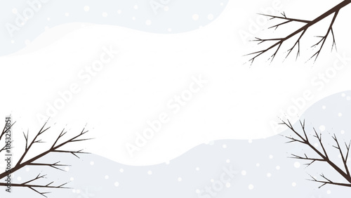 Winter scene with bare tree branches against a snowy backdrop and soft white waves