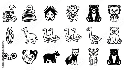 Line art animals collection diverse wildlife illustrations vector set