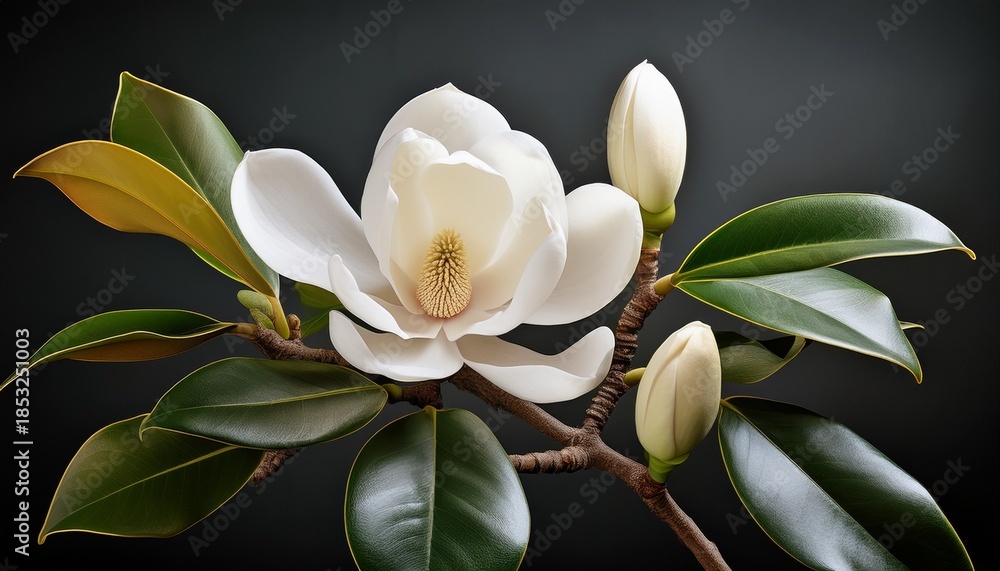 Obraz premium White Magnolia Flower With Two Buds And Green Leaves On A Branch