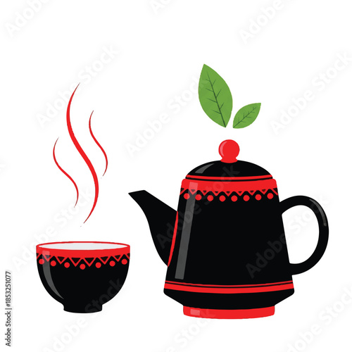 Traditional Black Teapot and Cup with Steam, Decorated with Red Ethnic Patterns and Green Leaves