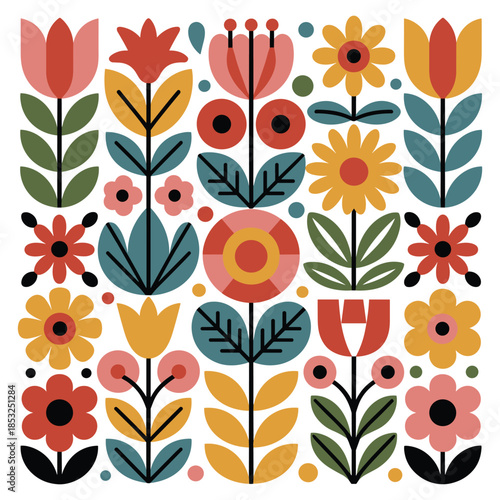 A vibrant and colorful collection of stylized folk flowers and botanical elements arranged in a square pattern