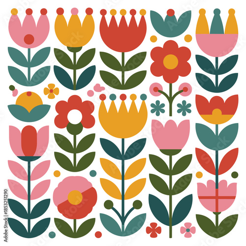 A vibrant and colorful collection of stylized folk flowers and botanical elements arranged in a square pattern