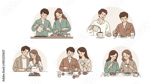 Collection of couples sharing heartwarming meal moments in cozy settings