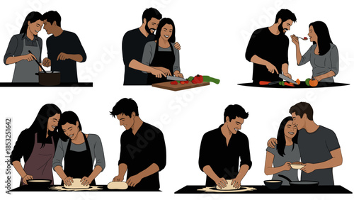 Romantic loving couple cooking preparing food together at kitchen in various sweet moments