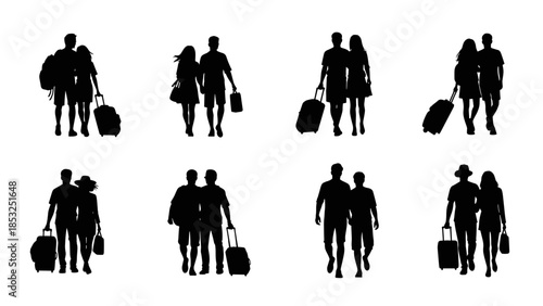 Silhouette illustration of couples traveling with luggage on vacation