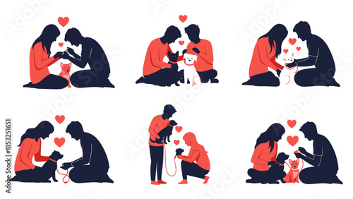 Loving couple cuddling with their pet dog silhouette collection