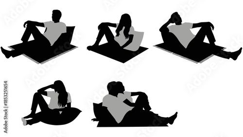 Silhouettes of people relaxing in various poses on cushions, representing a carefree lifestyle.